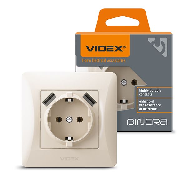 Розетка одинарная с заземлением и 2USB кремовая VF-BNSK1GU2-CR VIDEX BINERA(VF-BNSK1GU2-CR)