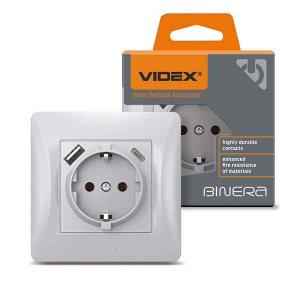 Розетка одинарна із заземленням та USB+ USB-C  срібний шовк VF-BNSK1GUC-SS VIDEX BINERA(VF-BNSK1GUC-SS)