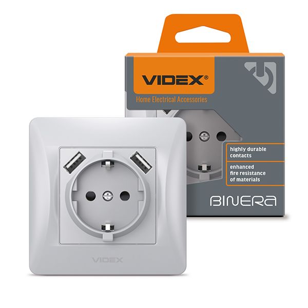 Розетка одинарна із заземленням та 2USB срібний шовк VF-BNSK1GU2-SS VIDEX BINERA(VF-BNSK1GU2-SS)