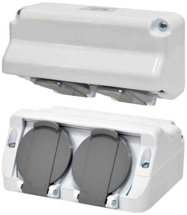 Розетка 2М PRE-2 угловая (2х2P+PE, Schuko, IP44, 16A, 250V, поликарбонат) ETI(4481020)