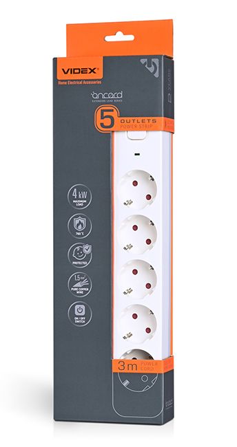 Подовжувач мережевий 5П із з/к 3м., білий із кнопкою VF-PD53G-W VIDEX ONCORD(VF-PD53G-W)