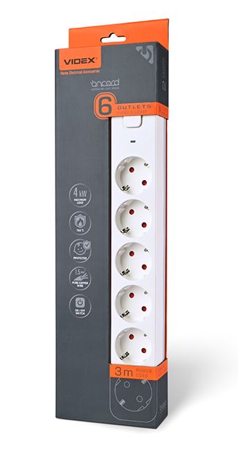 Подовжувач мережевий 6П із з/к 3м., білий із кнопкою VF-PD63G-W VIDEX ONCORD(VF-PD63G-W)