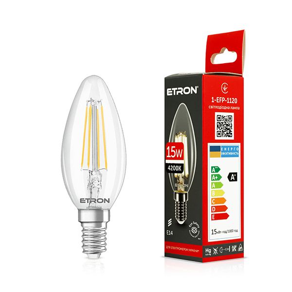 Лампа ETRON Filament Power 15W 4200K E14 C35 1-EFP-1120 прозрачное стекло(1-EFP-1120)