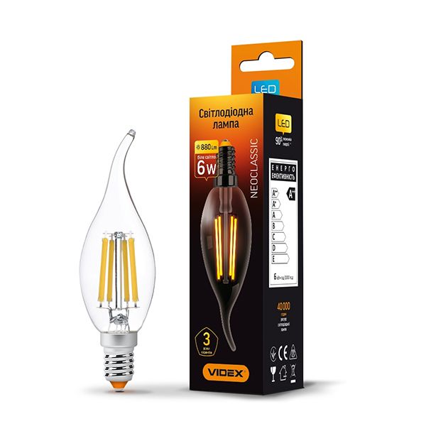 Лампа LED VIDEX FILAMENT C37Ft 6W E14 4100K свічка на вітрі  VL-C37Ft-06144(VL-C37Ft-06144)