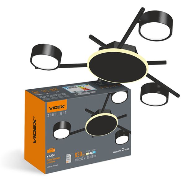 Светильник VIDEX под лампу 3xGX53 VL-SPF20B-BB накладной с подсветкой черный(VL-SPF20B-BB)