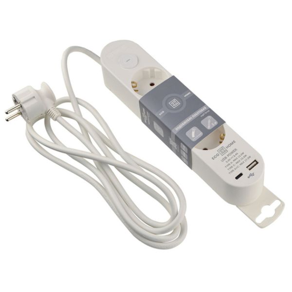 Подовжувач побутовий 3 гн. 2 м з з/к, USB + Type C, білий серії Ornat(ECO019001001)