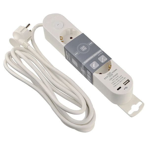 Подовжувач побутовий 3 гн. 3 м з з/к, USB + Type C, білий серії Ornat(ECO019001002)