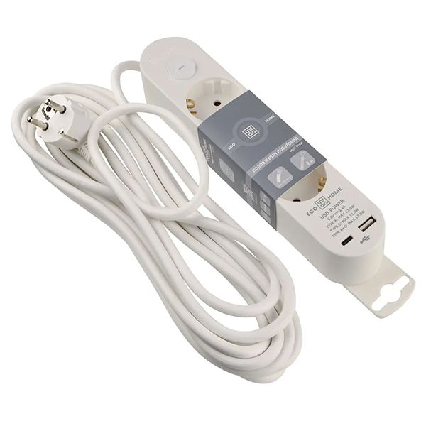 Подовжувач побутовий 3 гн. 5 м з з/к, USB + Type C, білий серії Ornat(ECO019001003)
