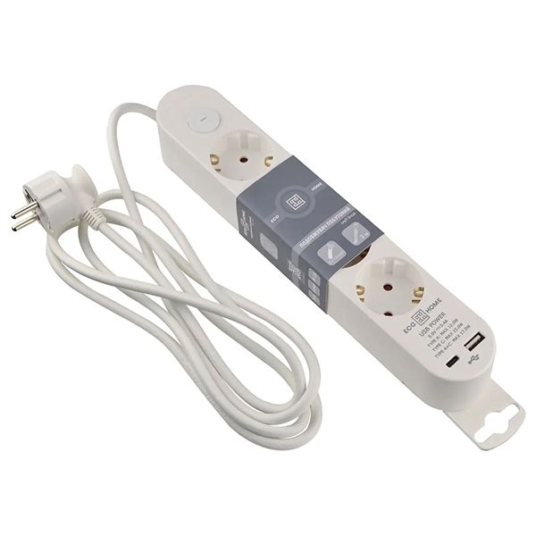 Подовжувач побутовий 4 гн. 2 м з з/к, USB + Type C, білий серії Ornat(ECO019001004)