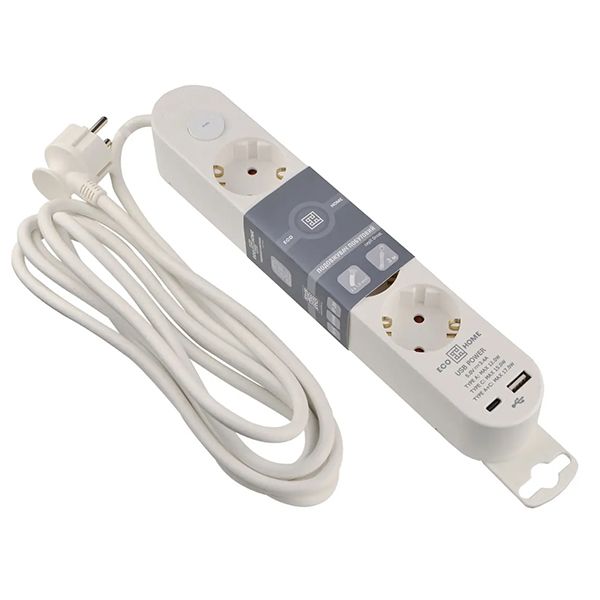 Подовжувач побутовий 4 гн. 3 м з з/к, USB + Type C, білий серії Ornat(ECO019001005)