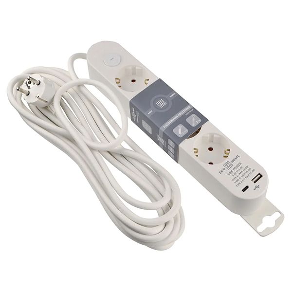 Подовжувач побутовий 4 гн. 5 м з з/к, USB + Type C, білий серії Ornat(ECO019001006)