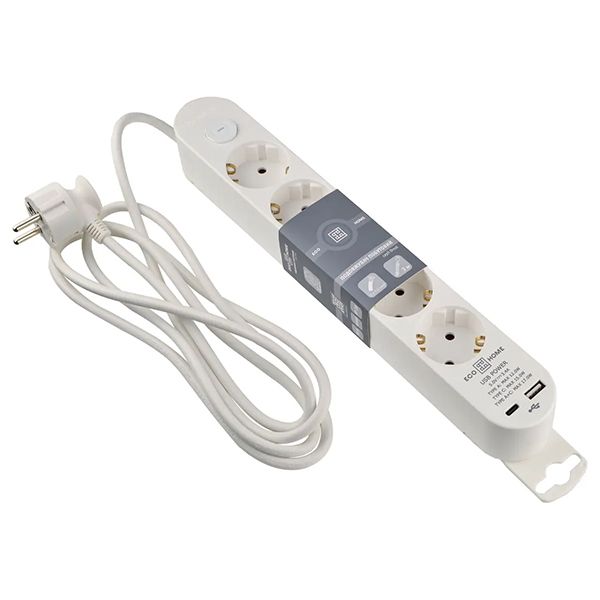 Подовжувач побутовий 5 гн. 2 м з з/к, USB + Type C, білий серії Ornat(ECO019001007)