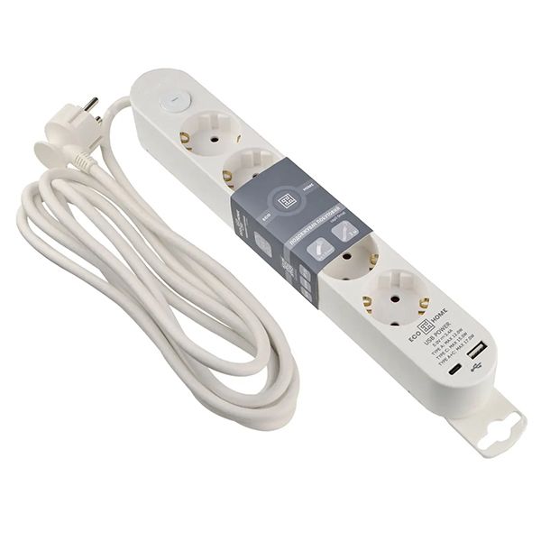 Подовжувач побутовий 5 гн. 3 м з з/к, USB + Type C, білий серії Ornat(ECO019001008)