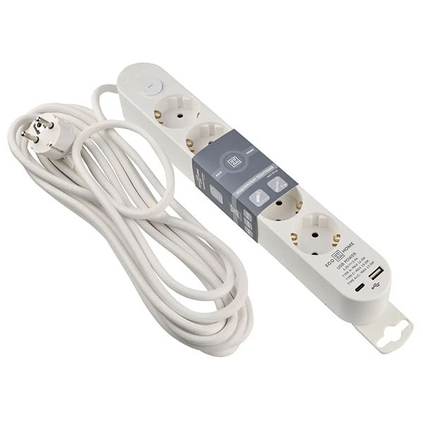 Подовжувач побутовий 5 гн. 5 м з з/к, USB + Type C, білий серії Ornat(ECO019001009)