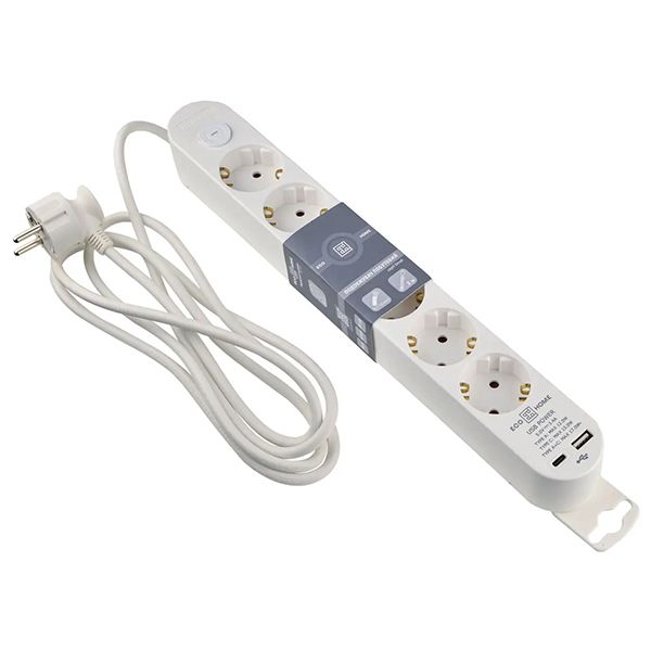 Подовжувач побутовий 6 гн. 2 м з з/к, USB + Type C, білий серії Ornat(ECO019001010)
