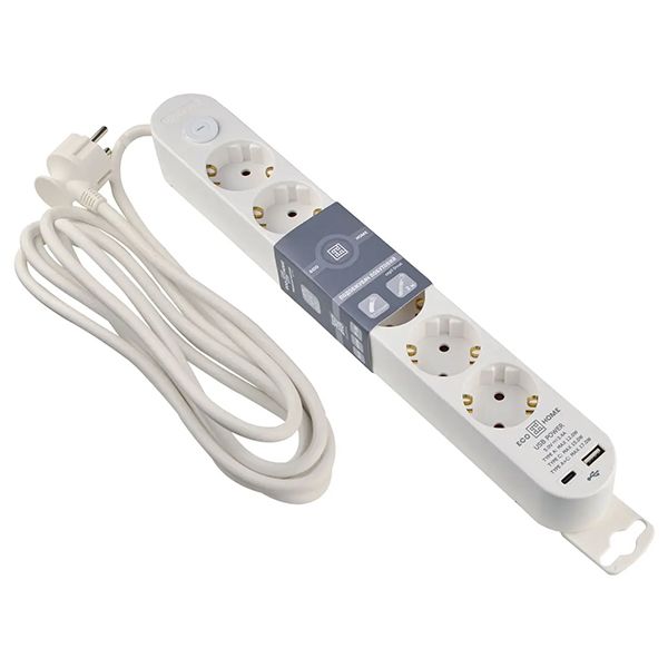 Подовжувач побутовий 6 гн. 3 м з з/к, USB + Type C, білий серії Ornat(ECO019001011)