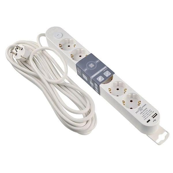 Подовжувач побутовий 6 гн. 5 м з з/к, USB + Type C, білий серії Ornat(ECO019001012)