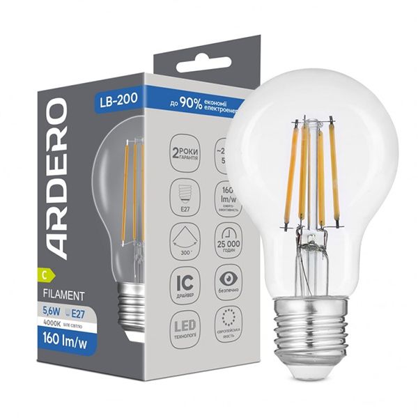 Лампа Ardero 5,6W 4000K Е27 А60 LB-200 філамент(8771)