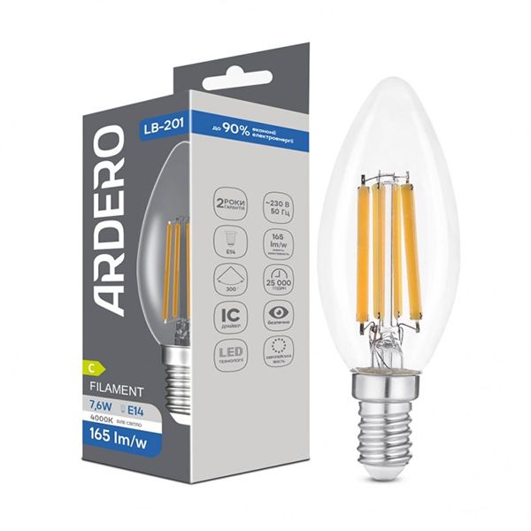 Лампа Ardero 7,6W 4000K Е14 С35 LB-201 філамент(8776)