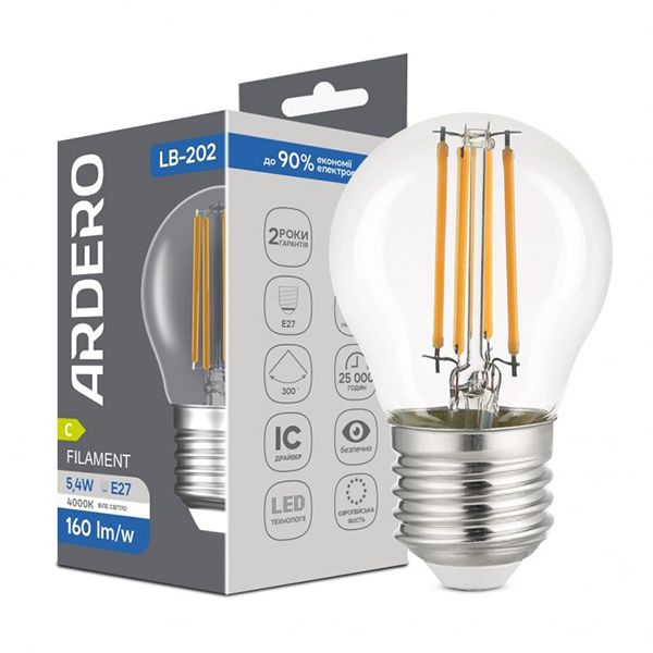 Лампа Ardero 5,4W 4000K Е27 G45 LB-202 філамент(8778)