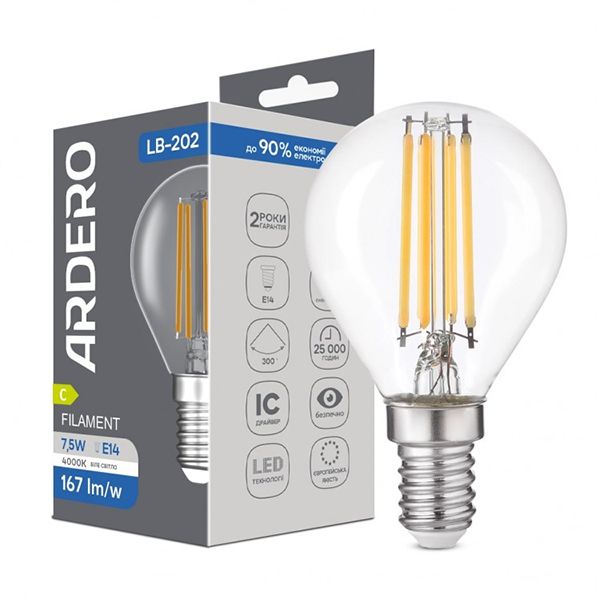 Лампа Ardero 7,6W 4000K Е14 G45 LB-202 філамент(8781)