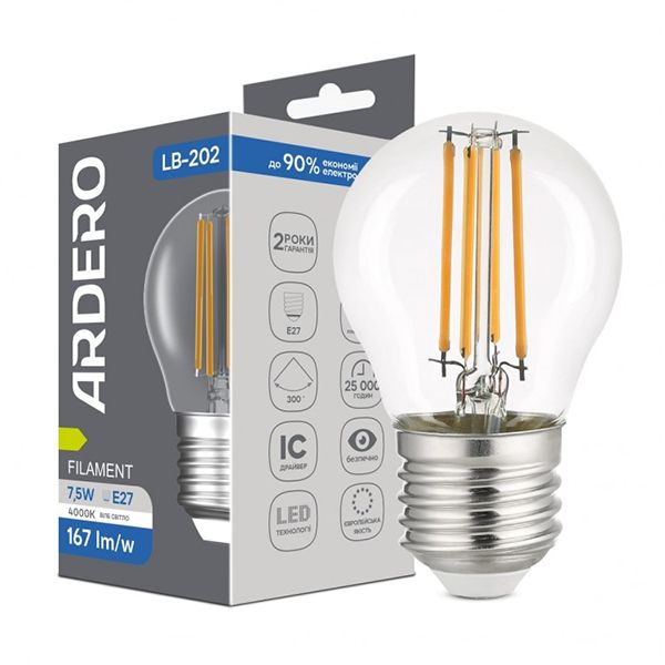 Лампа Ardero 7,6W 4000K Е27 G45 LB-202 філамент(8779)