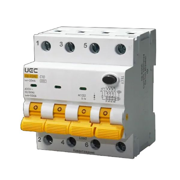 Автомат диференційного захисту SB-R9NE 4P C 10A 30mA тип AC 6kA UEC(RCBO60-4-010-C-030-AC)