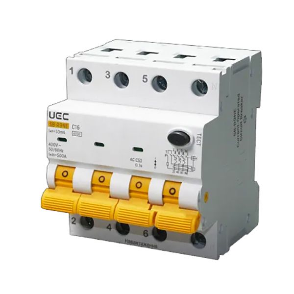Автомат диференційного захисту SB-R9NE 4P C 16A 30mA тип AC 6kA UEC(RCBO60-4-016-C-030-AC)