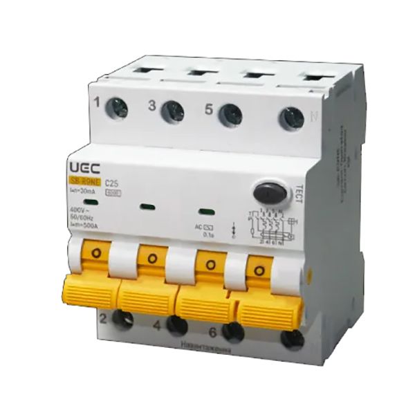Автомат диференційного захисту SB-R9NE 4P C 25A 30mA тип AC 6kA UEC(RCBO60-4-025-C-030-AC)