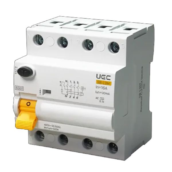 Пристрій захисного відключення SB-L9M 4P 16A 30mA Тип AC 6kA UEC(RCCB61-4-016-030-AC)