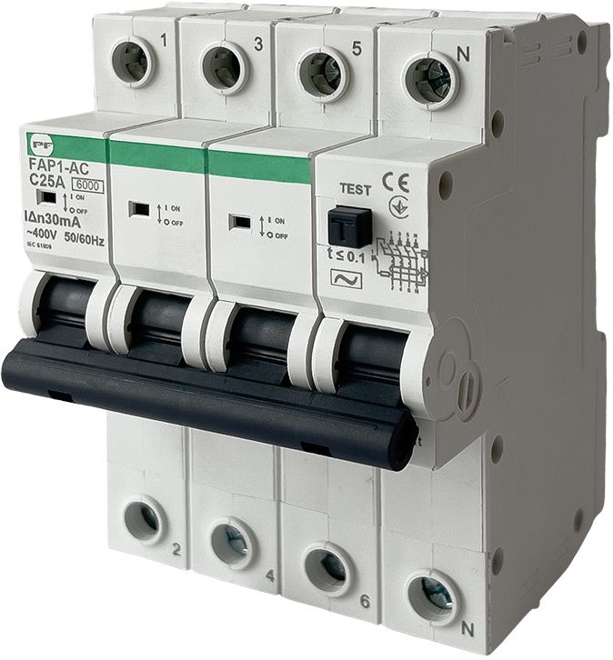 Автомат захисного відключення FAP1-AC "C" 25A/0.03A 4P 6kA Промфактор(FAP01C250304AC)