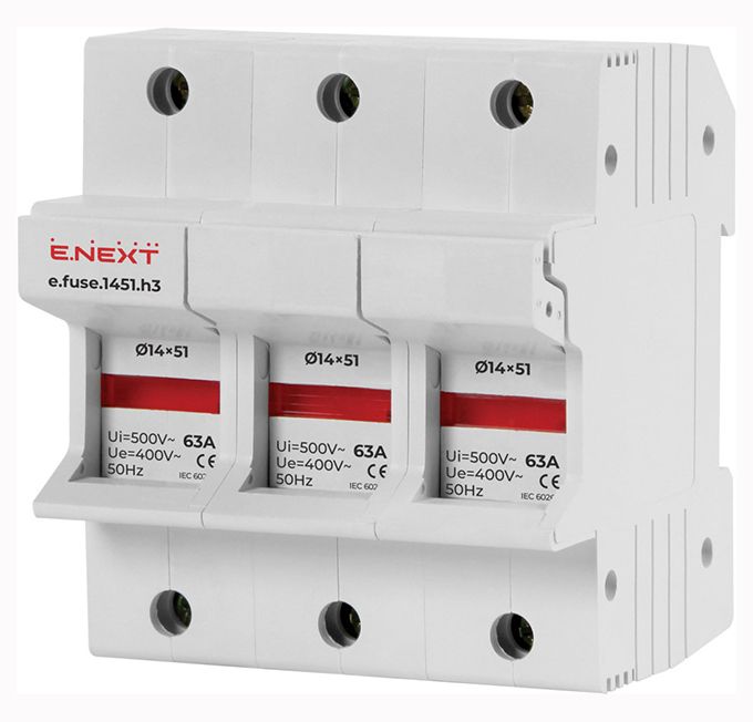 Утримувач запобіжника на DIN-рейку e.fuse.1451.h3, під запобіжник 14х51, 3р, 63А E.NEXT(i0300006)