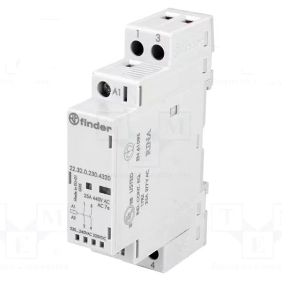 Контактор 25А 2 полюса 2НО 12В DC Finder 223200124320(223200124320)