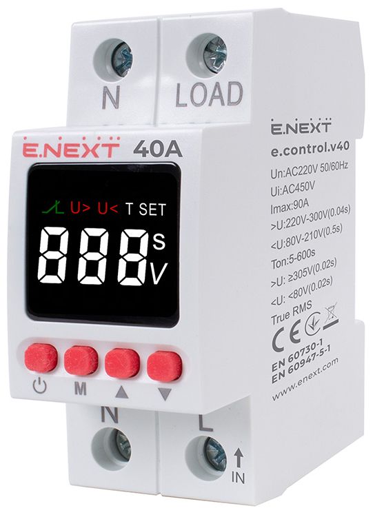 Реле контролю напруги однофазне 40А з індикацією e.control.v40 Enext(p0690032)