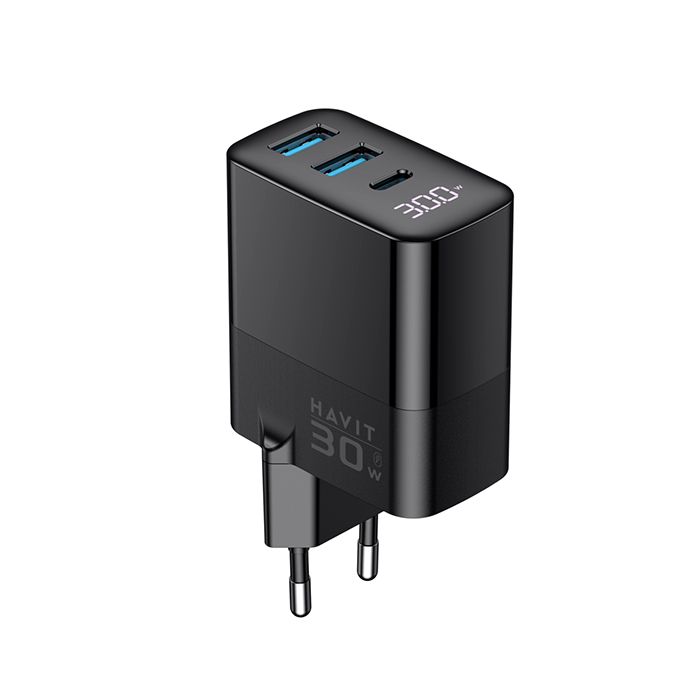 Зарядний пристрій HAVIT UCLE001 GaN 30W, 2хUSB-A+USB-C, HV-UCLE001-BK(28679)
