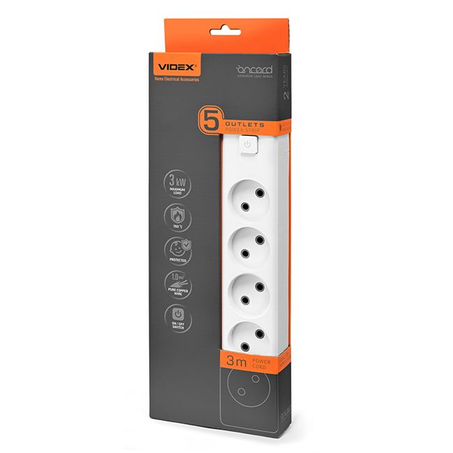 Подовжувач мережевий 5П без з/к 3м., білий із кнопкою VF-PD53-W VIDEX ONCORD(VF-PD53-W)