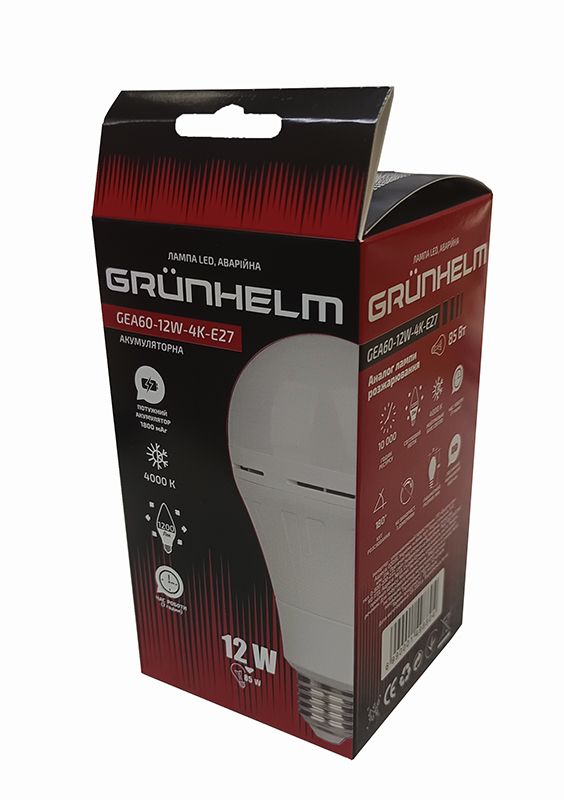 Лампа LED аварійна акумуляторна GEA60-12W-4K-E27 GRUNHELM 149880(149880)