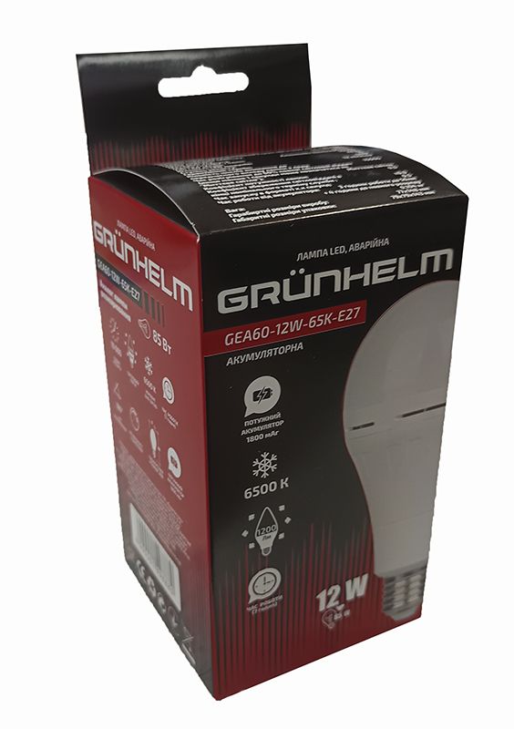 Лампа LED аварійна акумуляторна GEA60-12W-65K-E27  GRUNHELM 149888