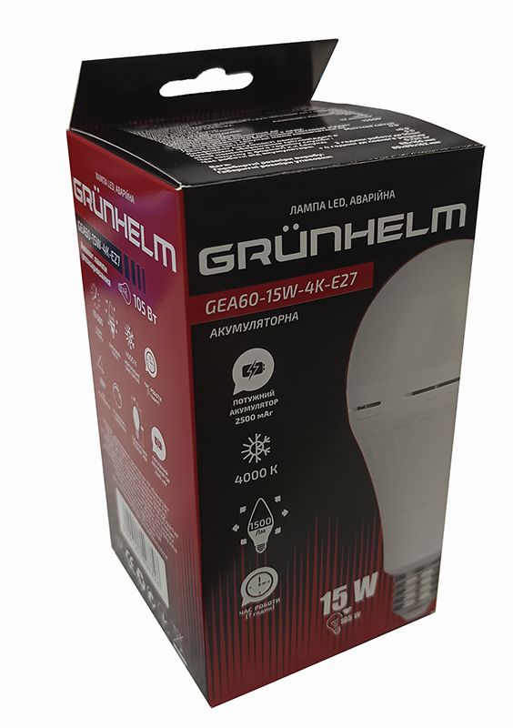 Лампа LED аварійна акумуляторна GEA60-15W-4K-E27 GRUNHELM 149882