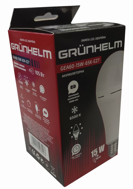 Лампа LED аварійна акумуляторна GEA60-15W-65K-E27  GRUNHELM 149890