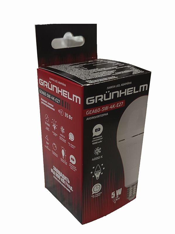 Лампа LED аварійна акумуляторна GEA60-5W-4K-E27 GRUNHELM 149874(149874)