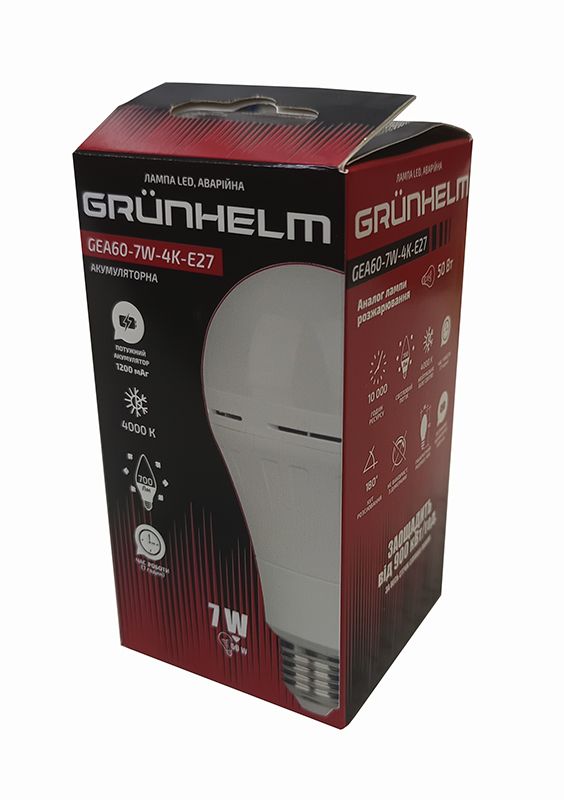 Лампа LED аварійна акумуляторна GEA60-7W-4K-E27  GRUNHELM 149876(149876)