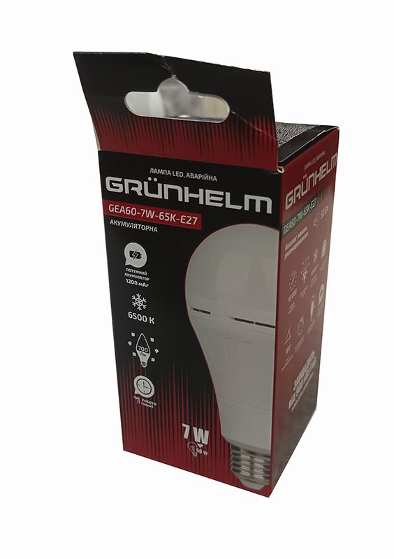 Лампа LED аварійна акумуляторна GEA60-7W-65K-E27  GRUNHELM 149884(149884)