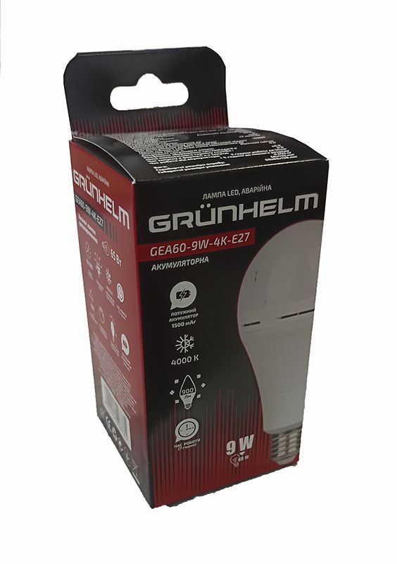 Лампа LED аварійна акумуляторна GEA60-9W-4K-E27  GRUNHELM 149878(149878)