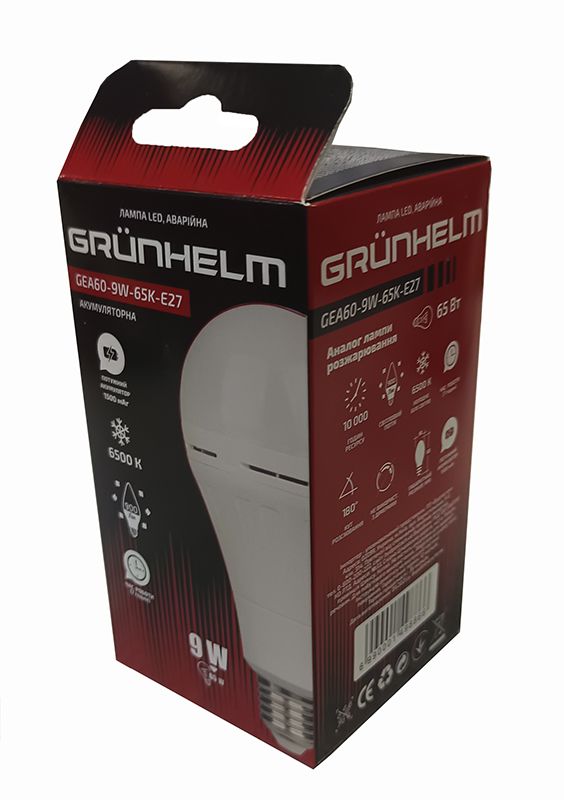 Лампа LED аварійна акумуляторна GEA60-9W-65K-E27  GRUNHELM 149886