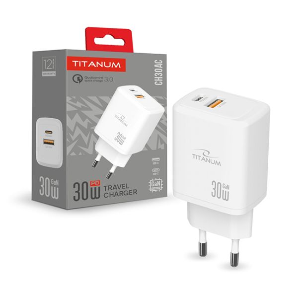Зарядний пристрій TITANUM CH30AC GaN 30W USB-A+USB-C White(TA-CH30AC-W)