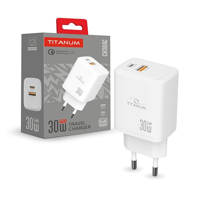 Зарядний пристрій TITANUM CH30AC GaN 30W USB-A+USB-C White(TA-CH30AC-W)