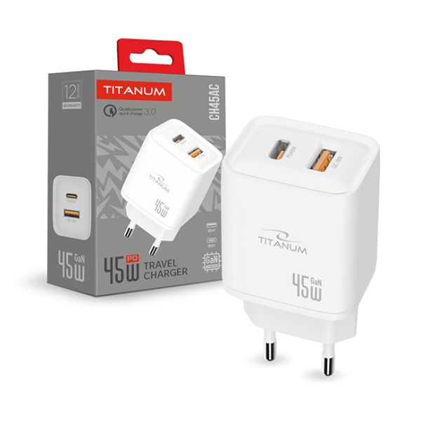 Зарядний пристрій TITANUM CH45AC GaN 45W USB-A+USB-C White(TA-CH45AC-W)