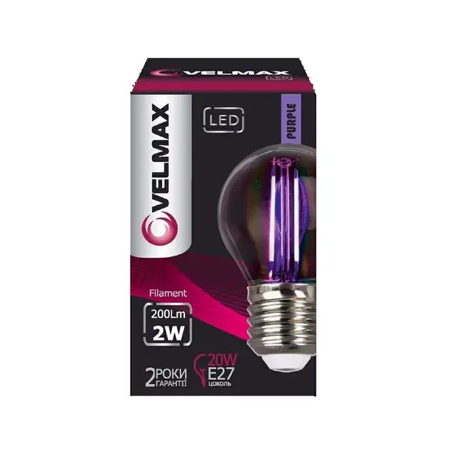 Лампа LED VELMAX V-Filament-G45, 2W, E27, фіолетовий, 200Lm(21-41-36)