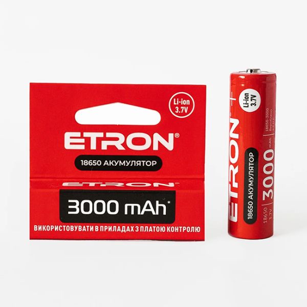 Акамулятор 3,7В, 3000 mA/h, тип 18650, 18650-3000, 1шт/блістер ТМ ETRON(18650-3000)